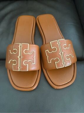 Tory Burch Brown Logo Slide Sandals